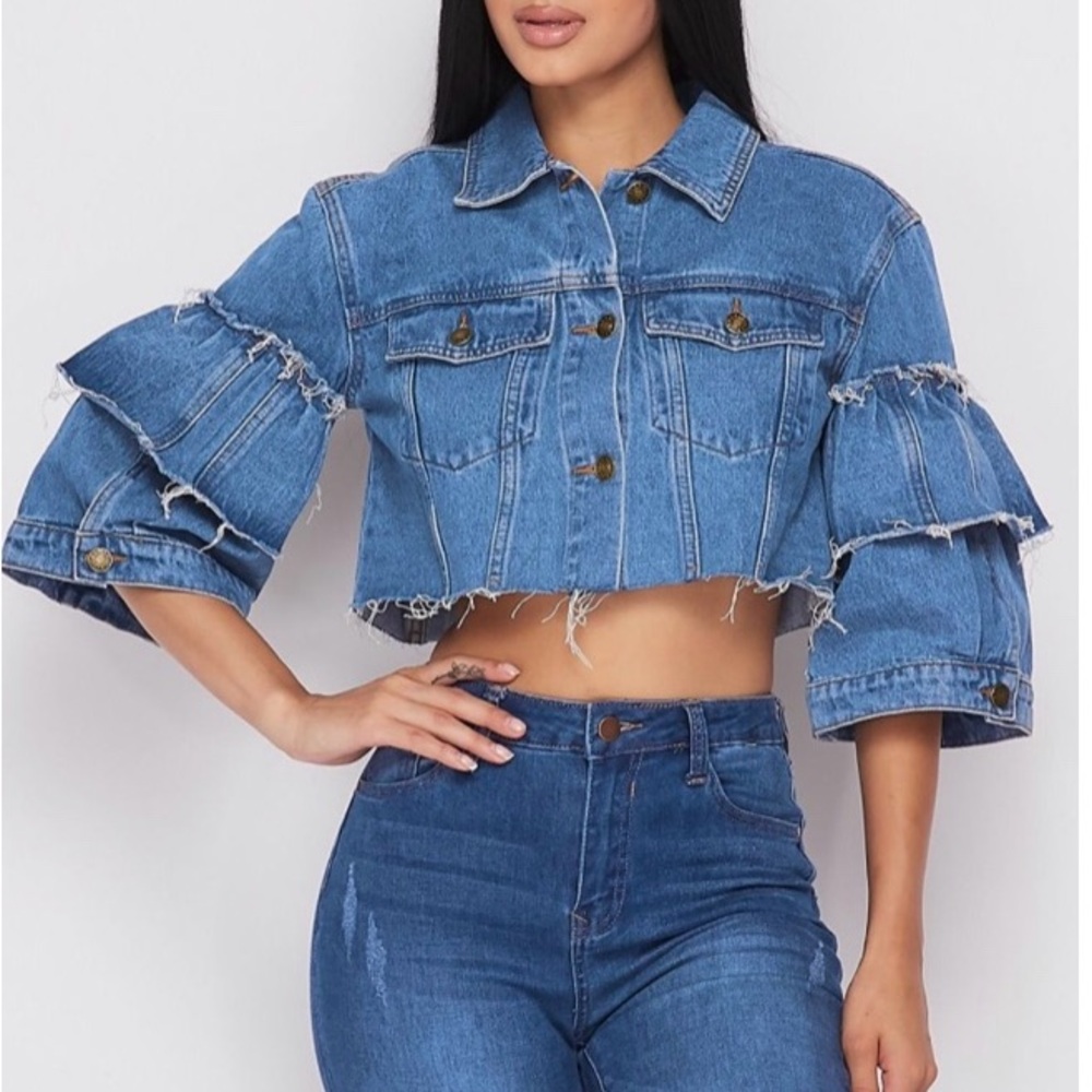 Hera Collection Blue Denim Ruffle Sleeve Crop Jacket.